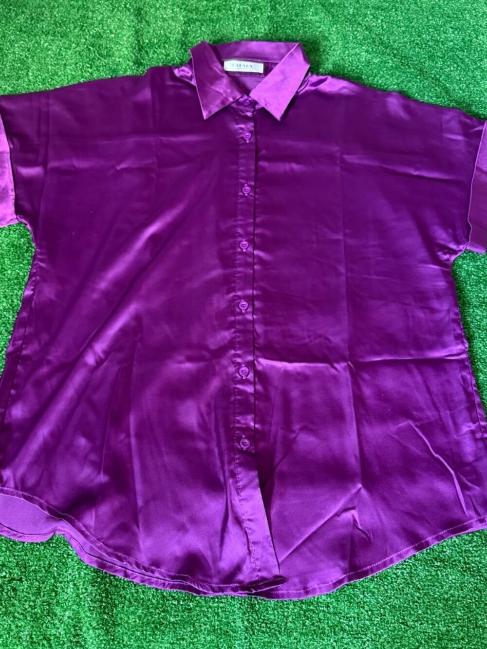 Pausus Purple Satin Dolman Blouse Women Button Front Luxe Silk Feel Size L